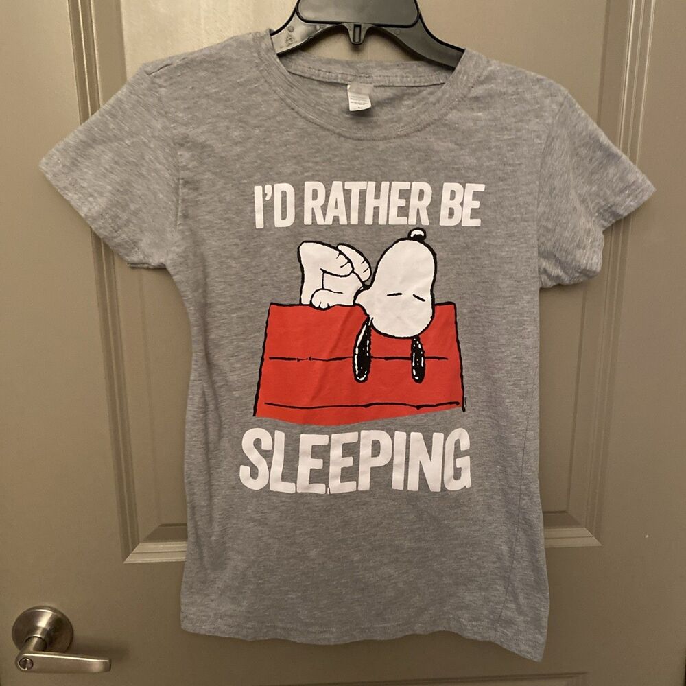 Peanuts Men's T-Shirt "I'd Rather Be Sleeping" Snoopy Gray Kids Large - Picture 3 of 7